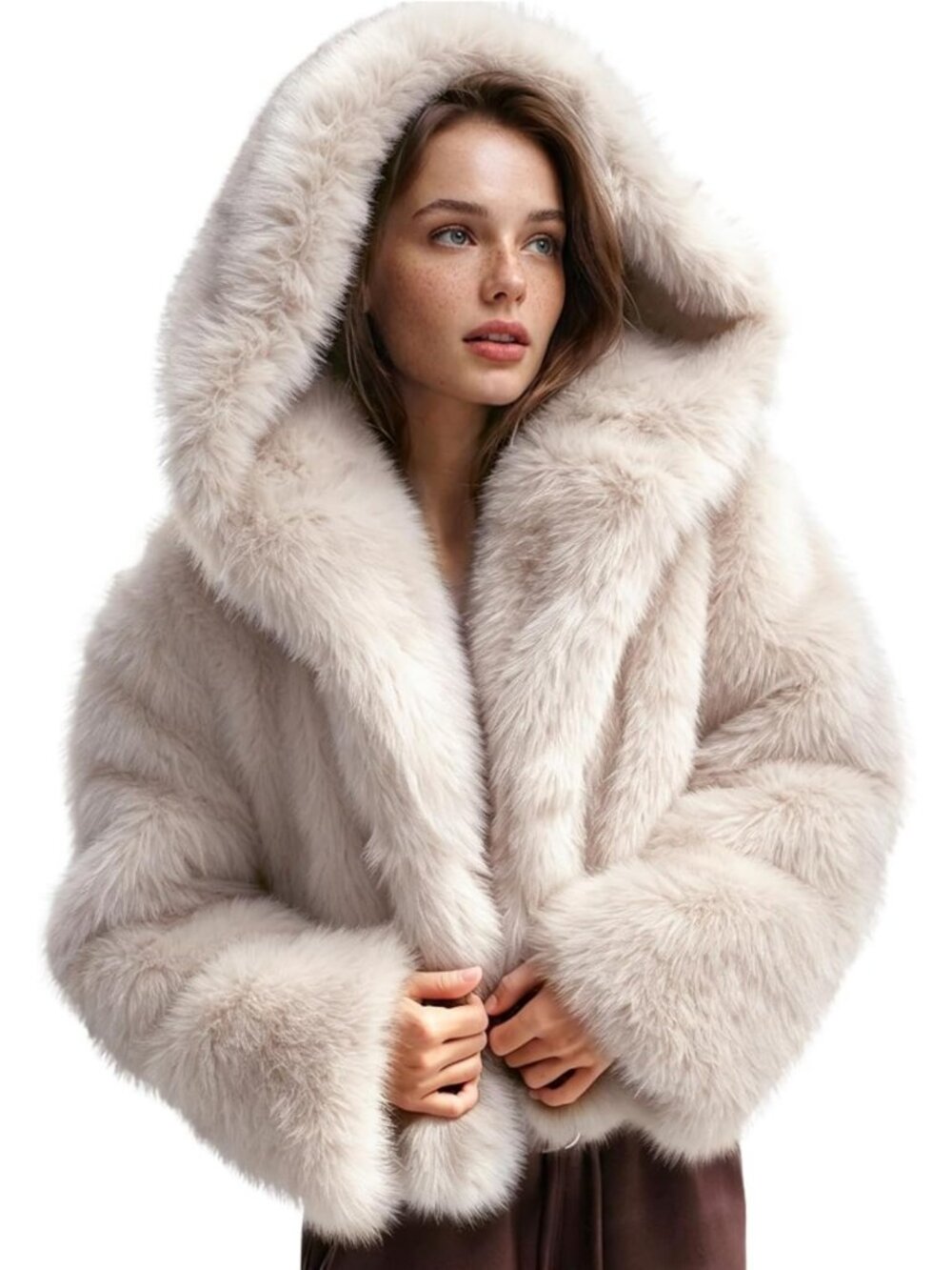 Cozy Women's Faux Fur Hooded Cropped Fluffy Jacket - Stylish Winter Outerwear